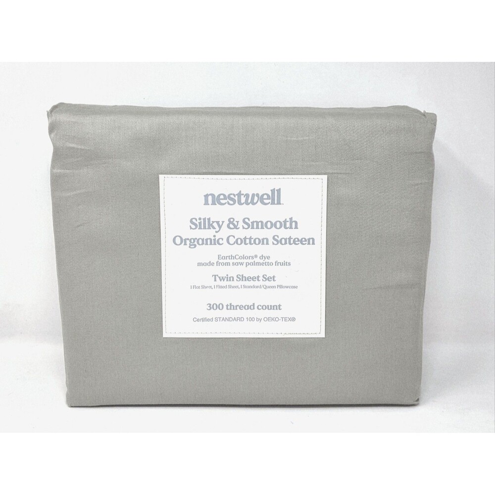 Nestwell 300TC Silky & Smooth ORGANIC Cotton Sateen Twin Sheet Set, Light Forest